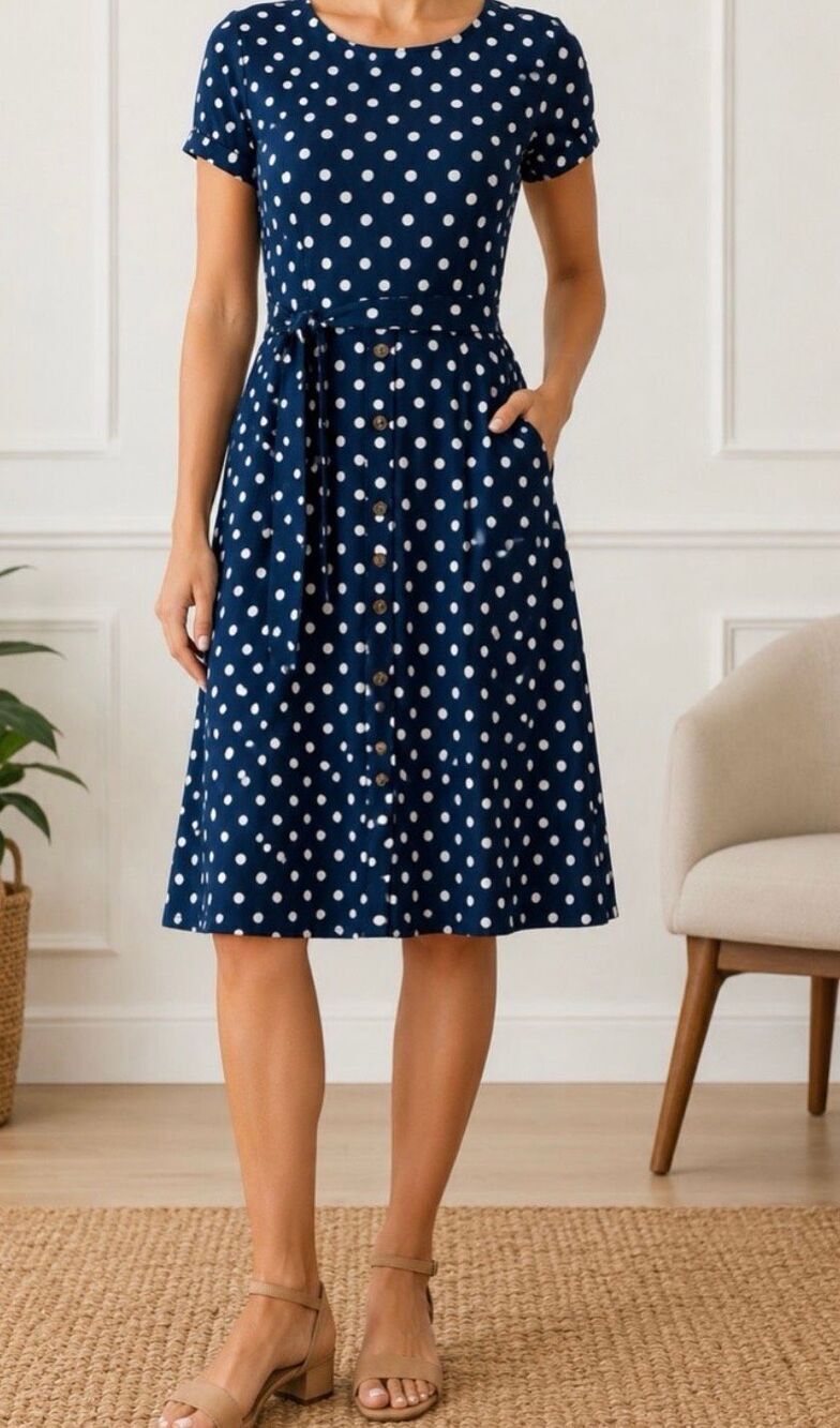 J Jill wearever jersey dress blue polka dot fit & flare L